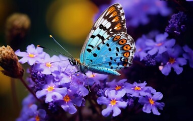 realistic photo Beautiful butterfly on blue flower. Photo contains butterflies. generative ai