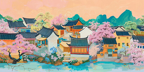 Chinese style landscape painting Jiangnan background illustration, spring village rural scene illustration