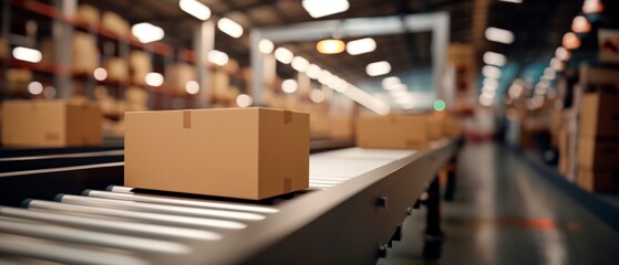Cardboard box packages on moving conveyor belt in delivery warehouse, Logistics and transportation product distribution, copy space - obrazy, fototapety, plakaty