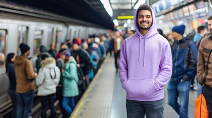 On a busy subway platform, a confident man wears a plain purple hoodie, the vibrant color making him stand out in the urban hustle, mockup
