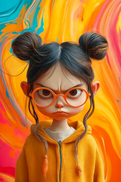 Cartoon character with glasses and frown has brown hair and is wearing yellow hoodie.