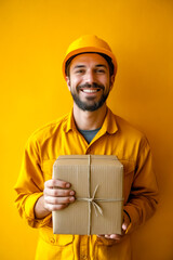 Man wearing yellow shirt and hard hat holds unopened package.