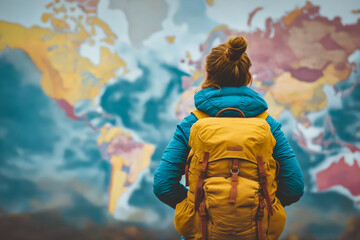 Woman wearing blue coat and yellow backpack is standing in front of world map possibly daydreaming about traveling to new destinations.