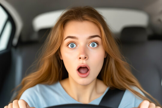 Woman with beautiful blue eyes is driving car and her mouth is open.
