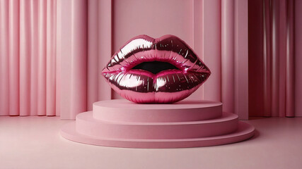 Close-up of a woman's pink latex lips with glitter on a pink podium with a pink background. The makeup and lip gloss are sexy and glamorous in detail. Generative AI