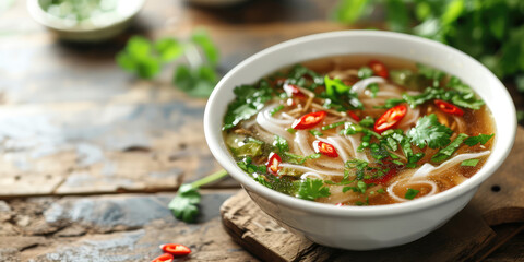 Aromatic Pho with Fresh Herbs and Chili. A steaming bowl of traditional Vietnamese Pho soup, adorned with basil leaves, chili slices, and vibrant greens.