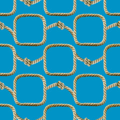 Seamless pattern watercolor Rope with knot square border. Ropes, rounded borders, decorative of marine cable frame. Endless loop twisted hand drawn illustration. Nautical knot on cerulean background.