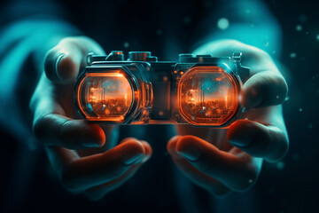 Primer plano de unas manos sujetando unas gafas futuristas con una imagen proyectada y luz azul y naranja - obrazy, fototapety, plakaty