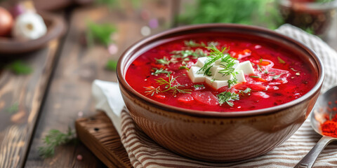 Classic Borscht in a Traditional Clay Bowl. Rich and hearty borscht garnished with fresh parsley, served in an earthenware bowl, embodying the essence of Eastern European cuisine. - obrazy, fototapety, plakaty