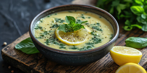 Creamy Avgolemono Soup with Lemon Slices. Greek avgolemono soup garnished with fresh lemon slices and parsley in a ceramic bowl.