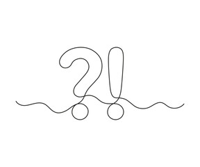 Question exclamation mark, one line continuous drawing. Simple minimalism design style, linear background signs. Emotional expression of surprise, delight, bewilderment, indignation. Vector
