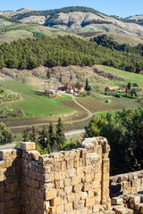 High-angle view of the Roman ruins of the ancient Roman town of Djemila, Setif, Algeria.  
