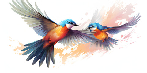 Two same colored birds flying in the air with wings spread Spiritual Serenity two Dazzling Water color Birds Soaring on a White Canvas Ai Generative