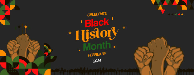 Celebrating Black History Month in modern geometric style. Greeting banner with typography. Illustration for Black History Month and Juneteenth Freedom Day