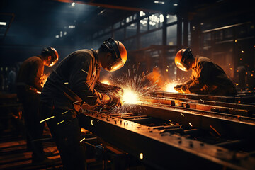 Workers are engaged in welding operations, creating bright sparks while joining metal beams in an industrial setting at night.