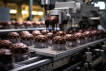 Freshly baked chocolate muffins are meticulously decorated with a layer of chocolate glaze by a robotic arm on a conveyor belt system in a food production facility.