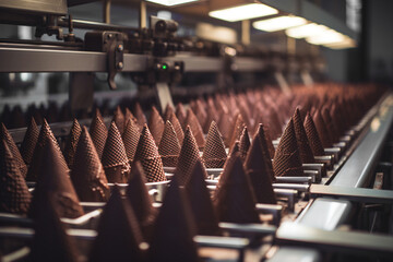 A line of freshly made chocolate ice cream cones advances along a conveyor belt in an industrial setting, likely within a food production facility. - obrazy, fototapety, plakaty