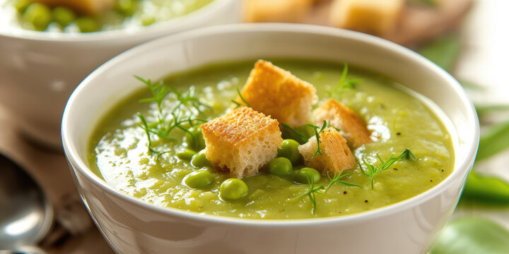 Homemade Split Pea Soup with Fresh Herbs. Vibrant split pea soup garnished with chopped herbs and freshly ground pepper, served in a bowl.