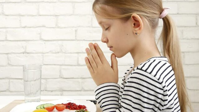 Child Praying Before Eating Breakfast in Kitchen, Kid Preparing Eat Meal, Girl Religious View, Christian Customs, Practices