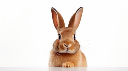 Red bunny rabbit portrait looking frontwise to viewer on white background