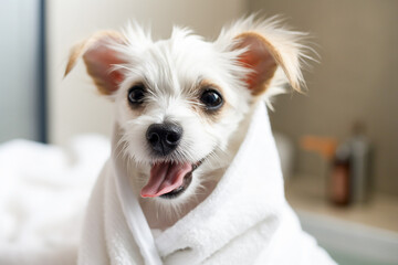 Smiling puppy, small dog after washing, wrapped in a white towel on a white bed in the bedroom