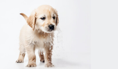 A wet golden retriever puppy shakes his head and shakes water from his fur against a solid white background. White background, copy space