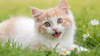 Naklejka na ściany i meble Spectacularly cute cat in a beautiful spring scene; wonderful flowers in a meadow.