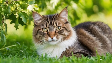 Fototapeta premium Spectacularly cute cat on a beautiful spring lawn; adorable flowers in a meadow.