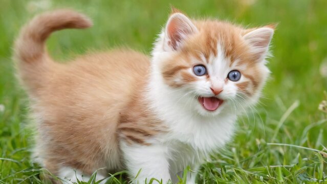 Adorable kitty in an outdoor scene; sweet grass creates a wonderful summer backdrop.