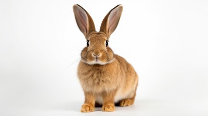 studio portrait of fawn colored flemish giant rabbit sitting against a white white background