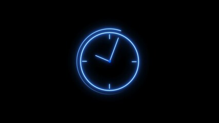 Clock icon neon light 24 Hour Day Fast Speed. Royal blue circle digital and analog clock neon looped black background 4k illustration.	