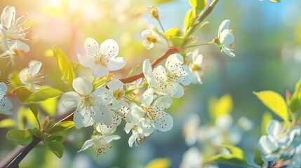 Sunny springtime background with flowering tree branch. A vibrant burst of white blossoms against a clear blue sky. Spring is in full bloom!