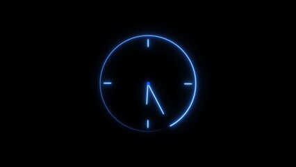 Clock icon neon light 24 Hour Day Fast Speed. Royal blue circle digital and analog clock neon looped black background 4k illustration.	