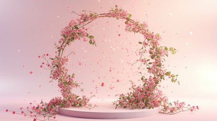 Spring Blossom Arch With Pink Flowers, Elegant Floral Display for Seasonal Product Showcasing, Presentation Of A New Product For Spring Season, Nature-Themed Podium Design. Stage For Product Marketing