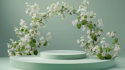 Fototapeta na wymiar Spring Blossom Arch, Elegant Floral Display for Seasonal Product Showcasing, Presentation Of A New Product For Spring Season, Nature-Themed Podium Design. Stage For Product Marketing