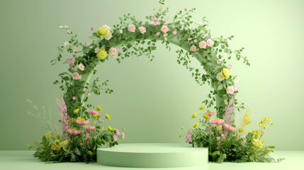 Fototapeta na wymiar Green Spring Blossom Arch, Elegant Floral Display for Seasonal Product Showcasing, Presentation Of A New Product For Spring Season, Nature-Themed Podium Design. Stage For Product Marketing