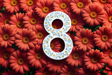 background of many orange flowers with the number 8 on it. Concept for International Women's Day, suitable for a postcard, with space for text.