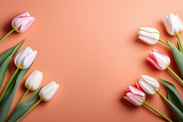 A bouquet of tulips on a peach-colored background. International Women's Day concept suitable for postcard, space for text in the center of the frame. - obrazy, fototapety, plakaty