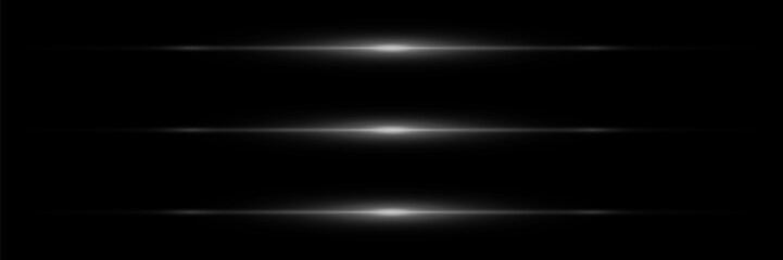 Set of white light lines, neon horizontal stripes of light. Glowing rays of flare and flare. On a black background.