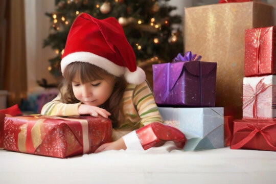 little girl with Christmas presents HD 8K wallpaper Stock Photographic Image