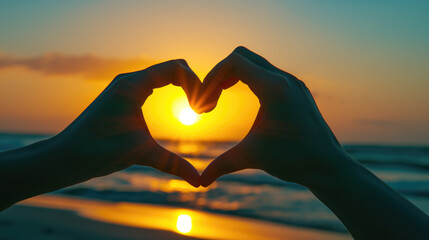 Woman hand do heart shape on sunset sky and bokeh background, Hands in shape of love heart, generative ai