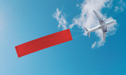 Promotion Airplane with banner horizontal, a red banner Sky background, with empty space for text, for advertising
