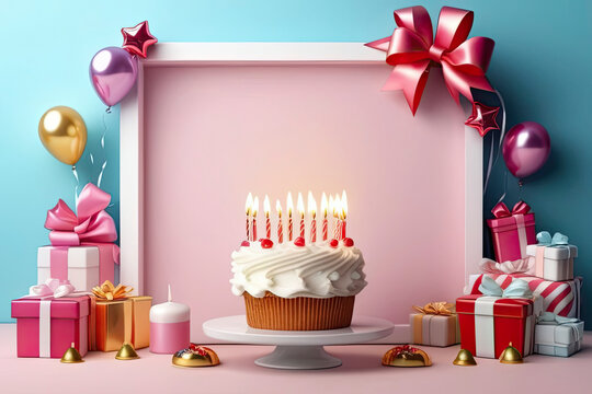 A decorative frame with a cake in the center of the photo and a lot of candles, sweets, and birthday gifts. Holiday concept, free space for text in the center of the frame. Made in warm colors.