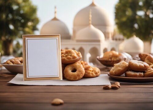 Design for greetings card for Eid El Fitr - Card placed next to pastries - Mosque background.