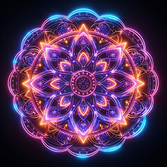 3D render of a neon-lit mandala, with intricate patterns and vibrant colors converging to form a symbol of cosmic unity and harmony.