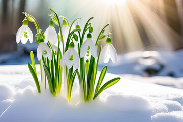 White snowdrops in melted snow under the rays of the bright spring sun, against the backdrop of the forest. 2/3 free space in the right corner of the photo.