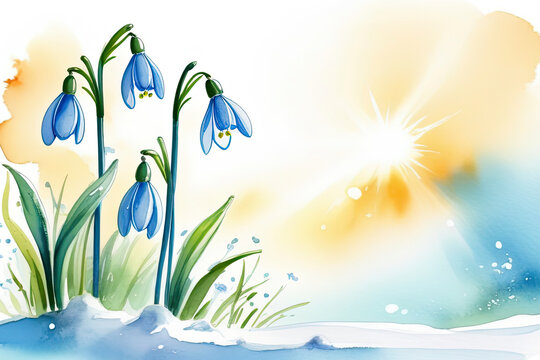 Fototapeta A bouquet of blue snowdrops and the sun, made in watercolor. 2/3 free space for inscriptions on the right corner of the frame.