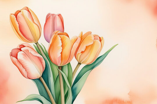 Fototapeta A bouquet of tulips made in watercolor. there is free space for inscriptions in the photo.