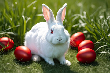 Fototapeta na wymiar A cute white Easter bunny with red eyes is sitting on a green lawn in the rays of sunlight and looking at the camera, red Easter eggs are lying next to him.