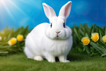 white Easter bunny with blue eyes sits on a green lawn in the rays of sunlight and looks at the camera, Easter eggs lie nearby. for Easter holidays illustration. space for text in the right corner